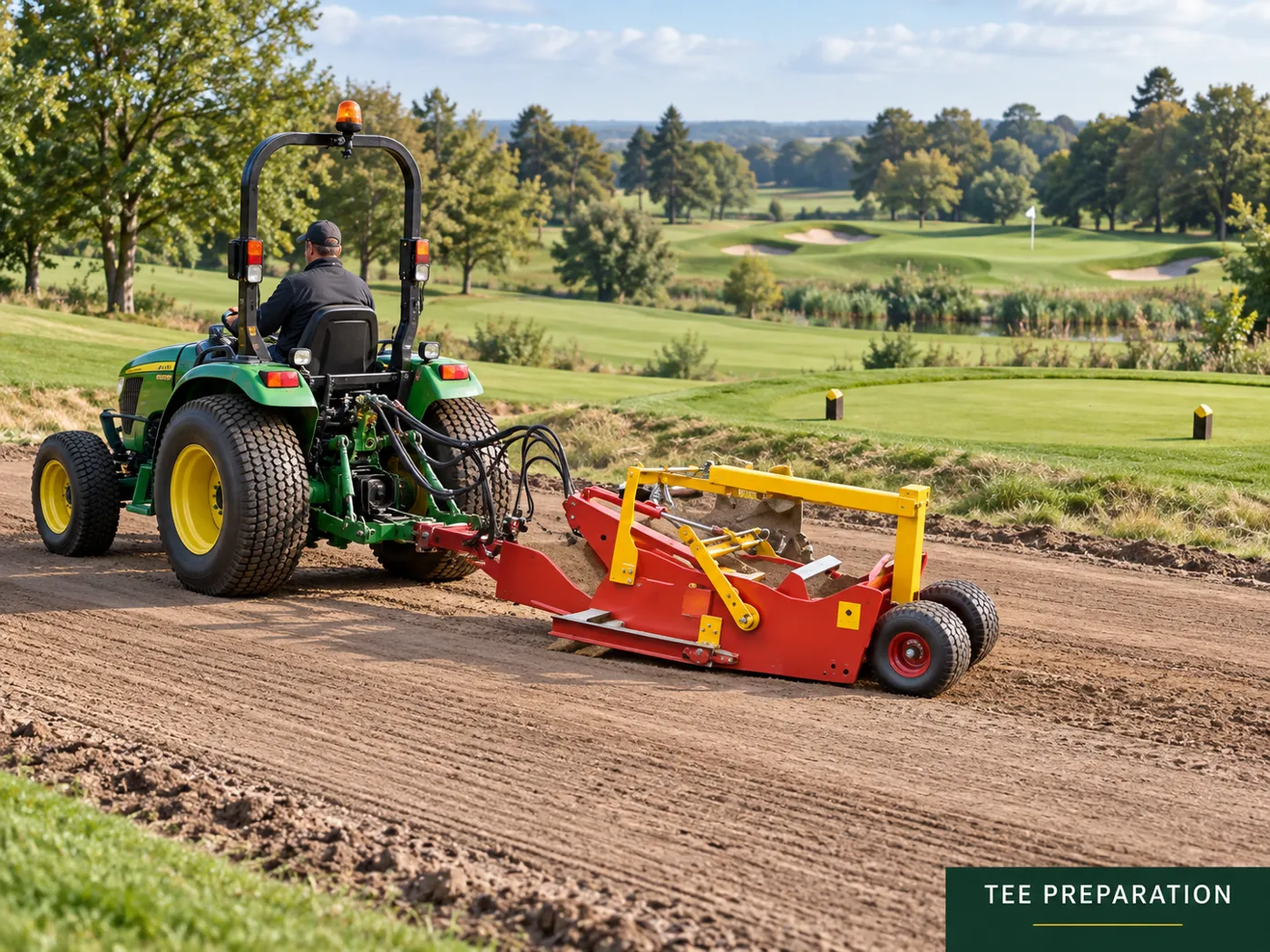 Illustrative tractor and scraper application on a golf course